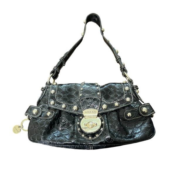 Guess Black Crocodile Embossed Leather Shoulder Bag Stud Accents Y2K - Picture 1 of 6